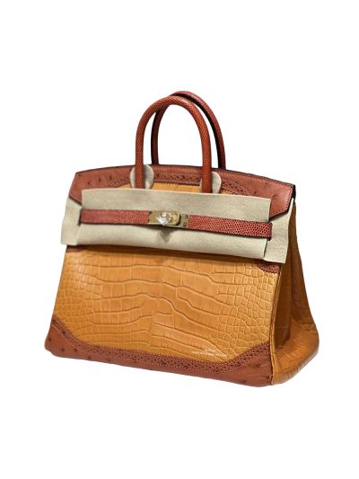 Hermes Birkin 25 TRI Exotic Grand Marriage Alligator Tote Bag Orange Yellow 25CM 524572