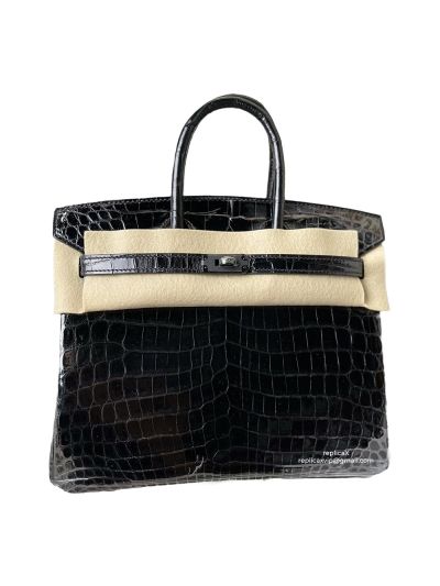 Hermes Birkin 25 Vip Hand Stitching Tote Bag Black Shiny Crocodile Leather 522610