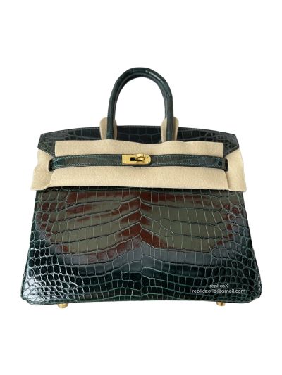 Hermes Birkin 25 Vip Hand Stitching Tote Bag Dark Green Shiny Crocodile Leather 522608
