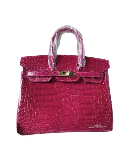 Hermes Birkin 25 Vip Hand Stitching Tote Bag Fuchsia Shiny Crocodile Leather 522609