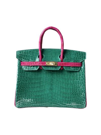 Hermes Birkin 25 Vip Hand Stitching Tote Bag Green and Rose Shiny Crocodile Leather 522606