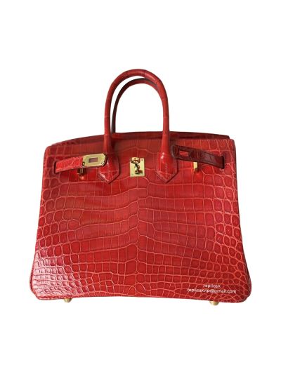 Hermes Birkin 25 Vip Hand Stitching Tote Bag Red Shiny Crocodile Leather 522607