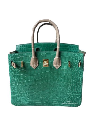 Hermes Birkin 30 Hermes Vip Birkin 30 Tote Bag Green and Gray Shiny Crocodile Leather 522662