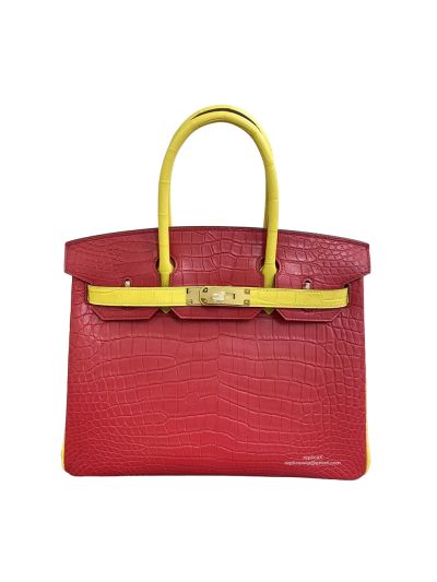 Hermes Birkin 30 Red Yellow Crocodile Leather Tote Bag 30CM 525232