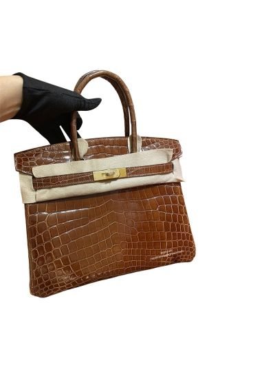 Hermes Birkin 30 Tote Bag Brown Shiny Crocodile Leather 525035