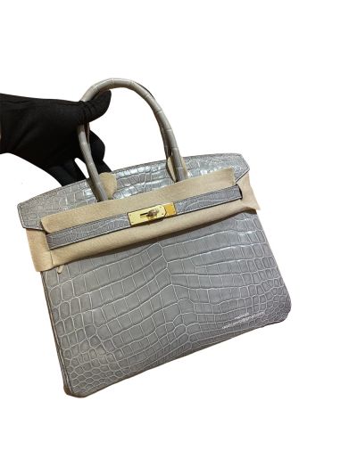 Hermes Birkin 30 Tote Bag Gray Shiny Crocodile Leather 525036