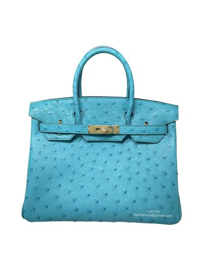 Hermes Birkin 30 Vip Hand Stitching Top Handle Bag Light Blue Ostrich Leather 30x16x23CM 522503
