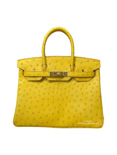 Hermes Birkin 30 Vip Hand Stitching Top Handle Bag Yellow Ostrich Leather 30x16x23CM 522497