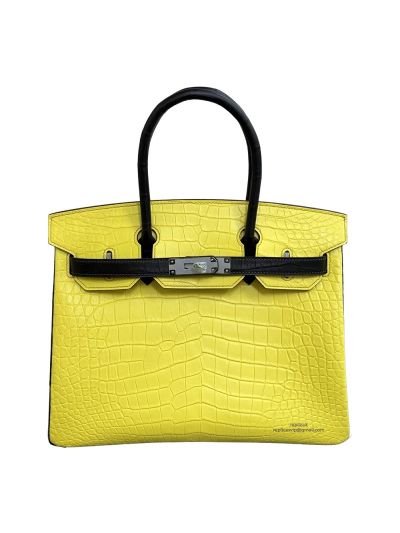 Hermes Birkin 30 Yellow Black Alligator Crocodile Leather Tote Bag 30CM 524516