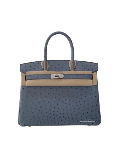 Hermes Birkin 30CM Ostrich Leather Bag Blue 524336