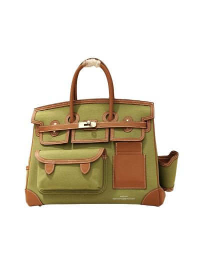 Hermes Birkin 35 Cargo Canvas Fabric and Leather Tote Bag Brown Green 35x25x18CM 524735