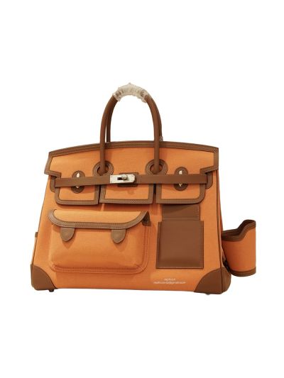 Hermes Birkin 35 Cargo Canvas Fabric and Leather Tote Bag Brown Orange 35x25x18CM 524737