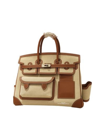 Hermes Birkin 35 Cargo Canvas Fabric and Leather Tote Bag Brown White 35x25x18CM 524736