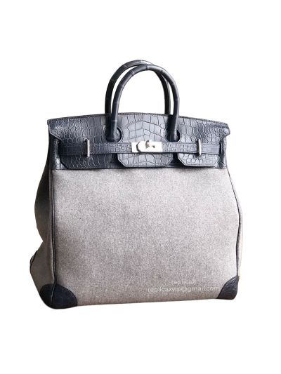 Hermes Birkin HAC 40 Bag in Grey Todoo Wool and Red Crocodile Leather GHW Palladium Hardware