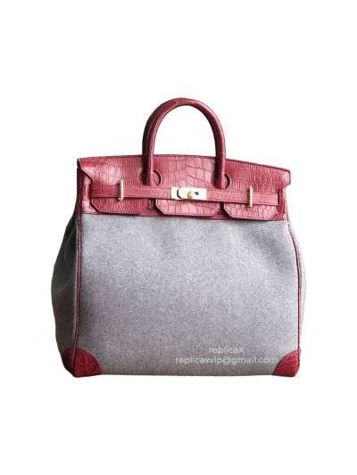 Hermes Birkin HAC 40 Bag in Grey Todoo Wool and Red Crocodile Leather GHW