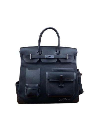 Hermes Birkin 40 HAC Bleu Marine Toile Black Box Calf Cargo Canvas Tote Bag Black 40CM 524723