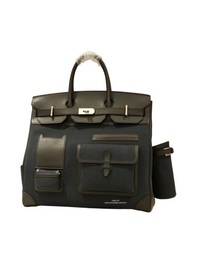 Hermes Birkin 40 HAC Bleu Marine Toile Black Box Calf Cargo Canvas Tote Bag Black 40CM 524725