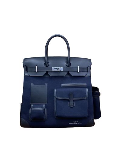 Hermes Birkin 40 HAC Bleu Marine Toile Black Box Calf Cargo Canvas Tote Bag Black Blue 40CM 24722