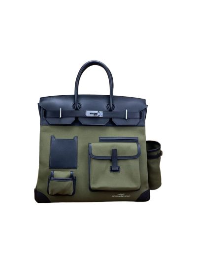 Hermes Birkin 40 HAC Bleu Marine Toile Black Box Calf Cargo Canvas Tote Bag Black Green 40CM 524727