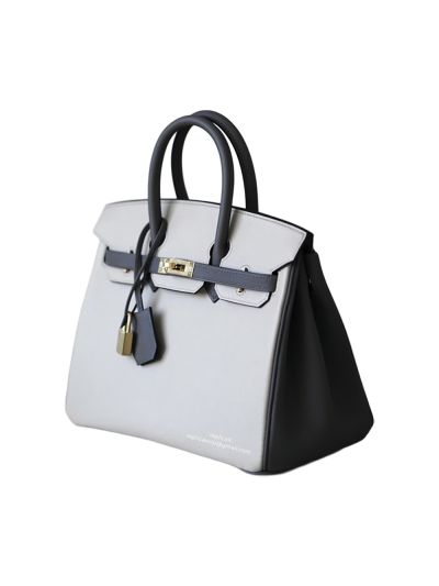 Hermes Birkin Bag Hermes VIP Birkin 25 Tote Bag Black White Calfskin Leather Hand Stitched 522756