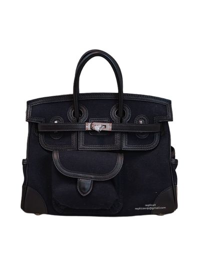 Hermes Birkin Cargo 25 Black Swift and Canvas Bag Palladium Hardware 522407