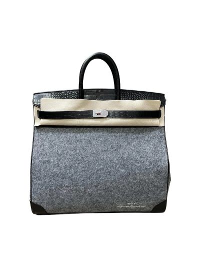 Hermes Birkin HAC 50 Gray Feutre Todoo Wool and Black Crocodile Leather Bag 50CM 524499