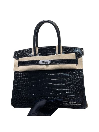 Hermes Black Shiny Niloticus Crocodile Birkin 30 Hand Stitched Bag 522241