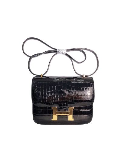 Hermes Black Shiny Niloticus Crocodile Constance 19 Hand Stitched Bag 522252