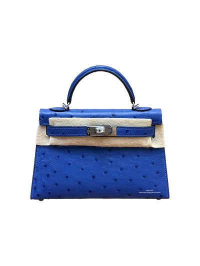 Hermes Blue Ostrich Horseshoe Kelly Sellier Mini Pochette Top Handle Shoulder Bag 19CM 525057