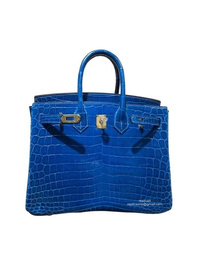 Hermes Blue Shiny Niloticus Crocodile Birkin 25 Hand Stitched Bag 522239
