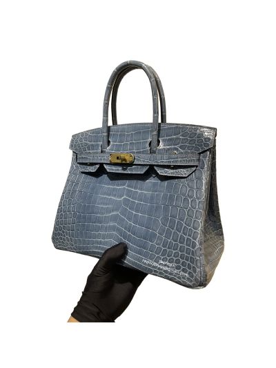 Hermes Blue Shiny Niloticus Crocodile Birkin 30 Hand Stitched Bag 522244