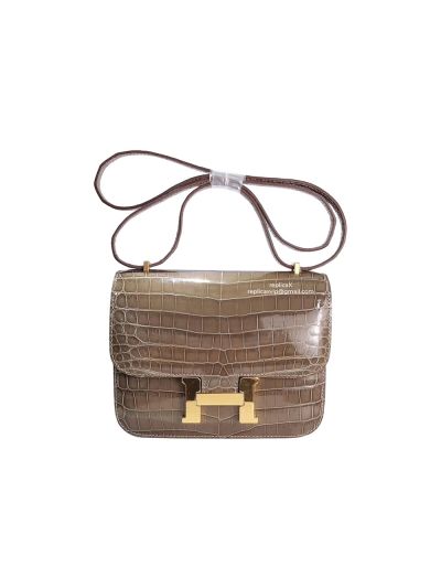 Hermes Brown Shiny Niloticus Crocodile Constance 19 Hand Stitched Bag 522251