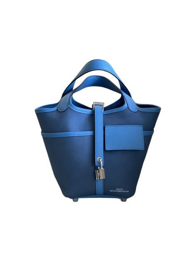 Hermes Bucket Bag Hermes Picotin Lock Basket Bag Blue Canvas and Calfskin 18CM 522854
