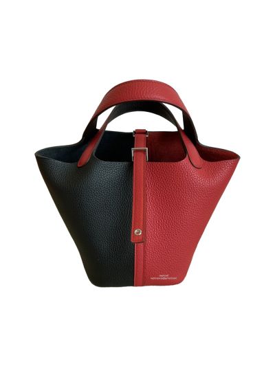 Hermes Bucket Bag Hermes Picotin Lock Leather Bucket Bag Black Red 18CM 523612