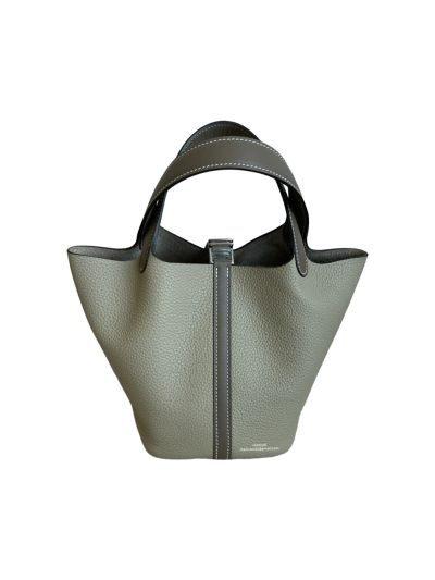 Hermes Bucket Bag Hermes Picotin Lock Leather Bucket Bag Gray 18CM 523614