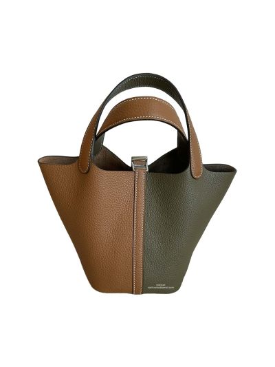 Hermes Bucket Bag Hermes Picotin Lock Leather Bucket Bag Green Brown 18CM 523710