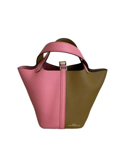 Hermes Bucket Bag Hermes Picotin Lock Leather Bucket Bag Pink Brown 18CM 523709