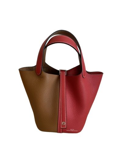 Hermes Bucket Bag Hermes Picotin Lock Leather Bucket Bag Red Brown 18CM 523713