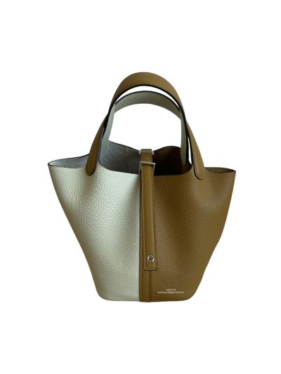 Hermes Bucket Bag Hermes Picotin Lock Leather Bucket Bag White Brown 18CM 523711