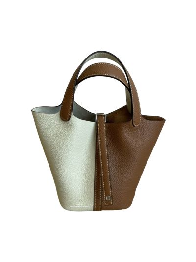 Hermes Bucket Bag Hermes Picotin Lock Leather Bucket Bag White Brown 18CM 523716