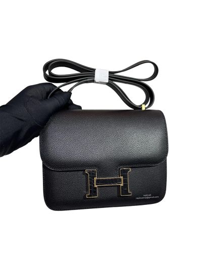 Hermes Constance 18 Mini Flap Shoulder Crossbody Bag Black Evergrain Calfskin Leather 18CM 525053