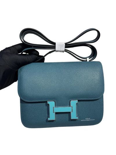 Hermes Constance 18 Mini Flap Shoulder Crossbody Bag Blue Green Epsom Calfskin Leather 18CM 525052