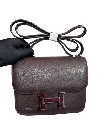 Hermes Constance 18 Mini Flap Shoulder Crossbody Bag Burgundy Evercolor Calfskin Leather 18CM 525051