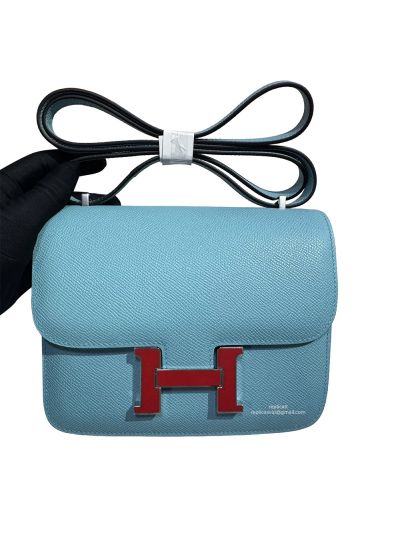 Hermes Constance 18 Mini Flap Shoulder Crossbody Bag Light Blue Epsom Calfskin Leather 18CM 525049