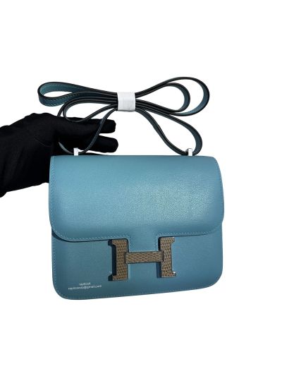 Hermes Constance 18 Mini Flap Shoulder Crossbody Bag Light Blue Evercolor Calfskin Leather 18CM 525047