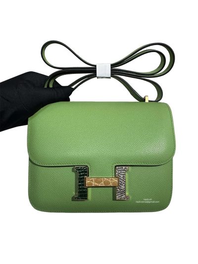 Hermes Constance 18 Mini Flap Shoulder Crossbody Bag Mink Green Epsom Calfskin Leather 18CM 525046