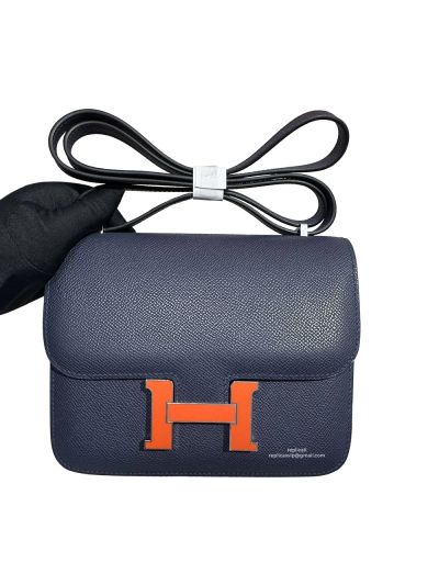 Hermes Constance 18 Mini Flap Shoulder Crossbody Bag Navy Blue Epsom Calfskin Leather 18CM 525043