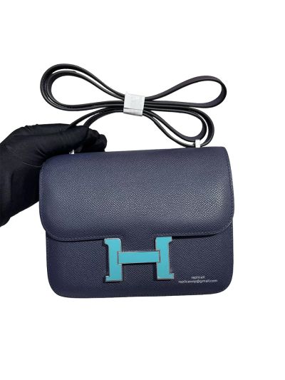 Hermes Constance 18 Mini Flap Shoulder Crossbody Bag Navy Blue Epsom Calfskin Leather 18CM 525044