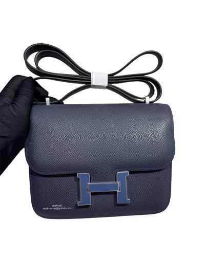 Hermes Constance 18 Mini Flap Shoulder Crossbody Bag Navy Blue Epsom Calfskin Leather 18CM 525045