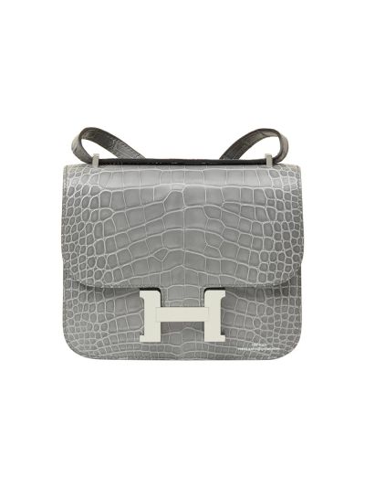 Hermes Constance Shiny Alligator Crocodile Leather Messenger Bag Grey 19x15x5CM 524504